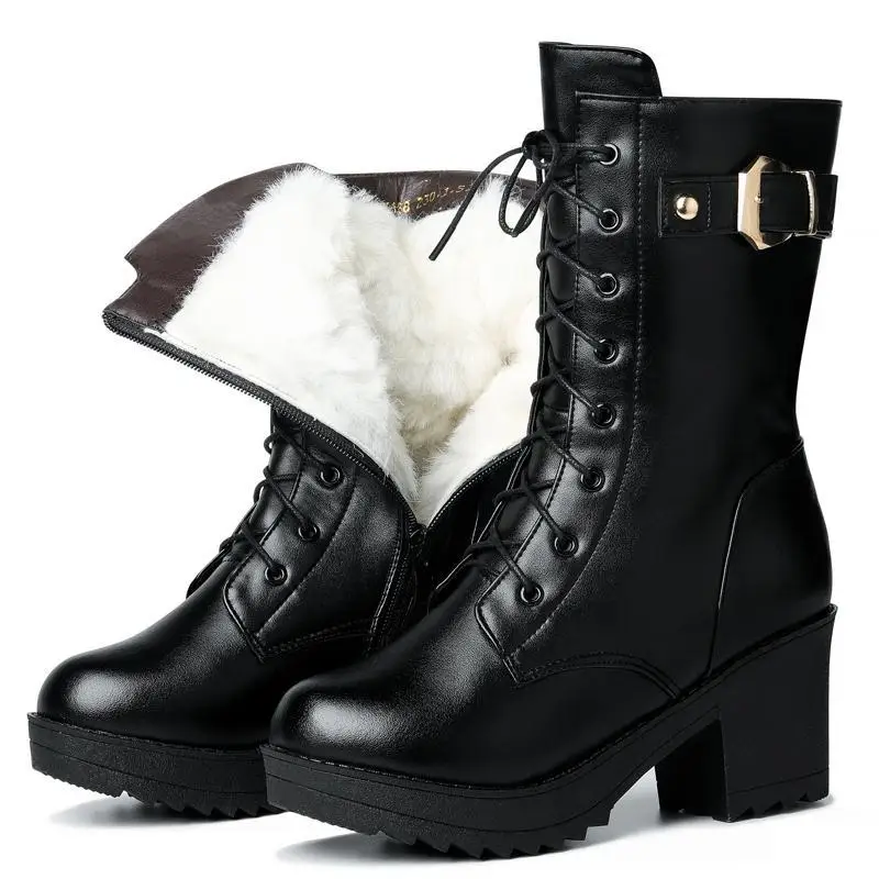 

Classic Fashion High-heeled PU Women's Winter Boots Thickened Wool Warm Female Military Boots High-quality Woman Snow Boots