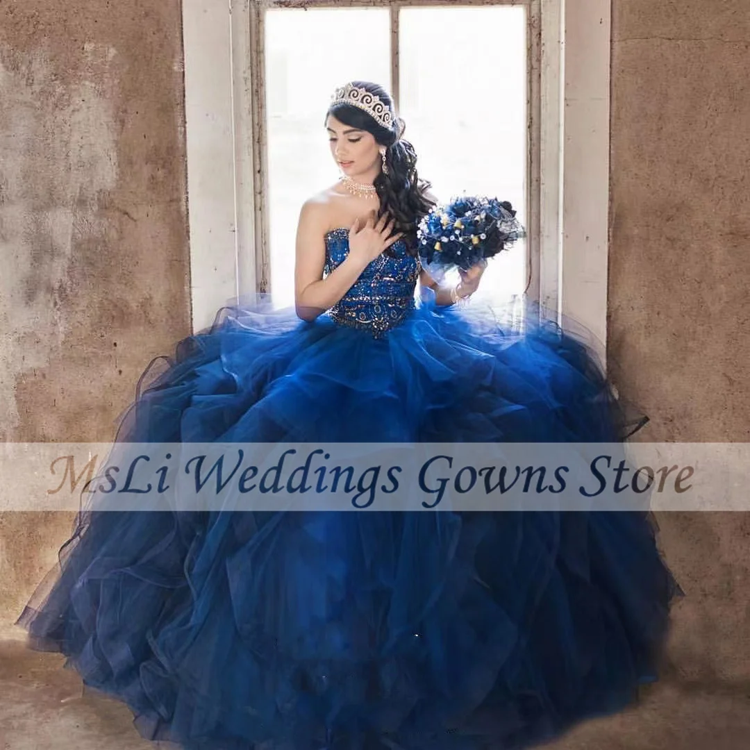 

New Strapless Blue Quinceanera Dresses Ball Gowns Beads Ruffles Sleeveless Birthday Party Prom Gown Vestidos De 15 Quinceañera