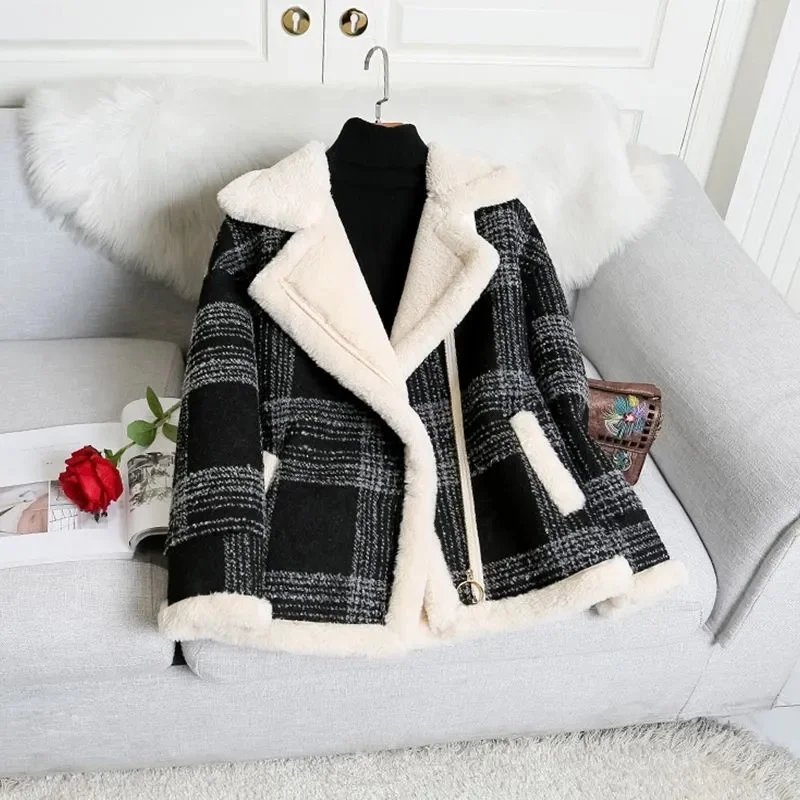 

Women's Winter Jacket 2022 New Korea Fleece Plaid Woolen Coat Loose Warm Clothes Short Jacket Female Windbreakers Outerwear 3XL