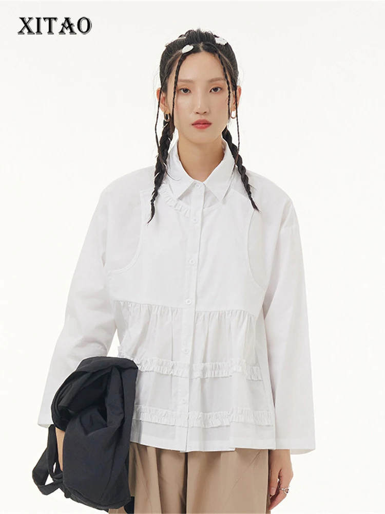 

XITAO False Two Piece Blouse Fashion Single Breast Goddess Fan Casual Style Solid Color 2022 Autumn Minority Shirt WLD13364