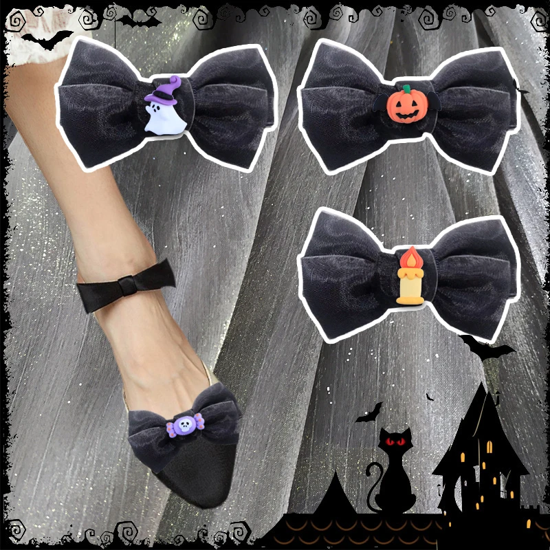 

2 Pcs Funny Black Bow Shoe Clips Removable Shoe Buckle Pumpkin Candy DIY Shoe Embellishment for Halloween Party Decoration