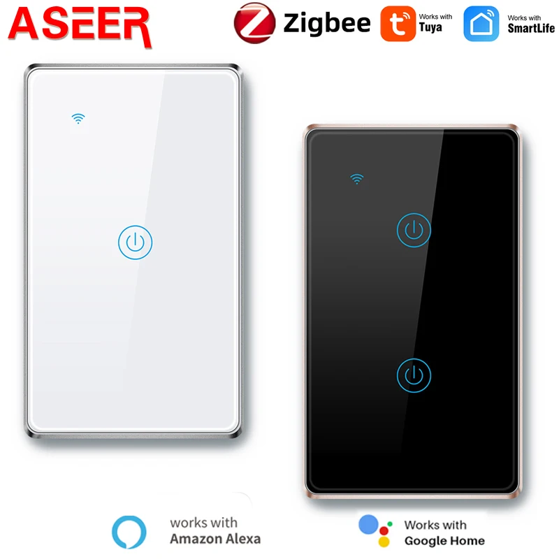 ASEER высококлассная серия Tuya Zigbee умный переключатель США 1/2/3 банда Металлическая Рамка стеклянная Сенсорная панель светильник переключатель Alexa Google Home
