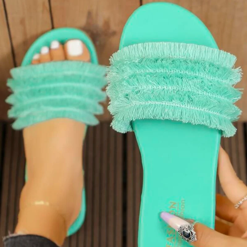 Vacation Fringe Detail Single Band Flat Sandals Women's Summer Fashion Casual Party Slides Outdoor Slippers Open Toe Pumps Shoes