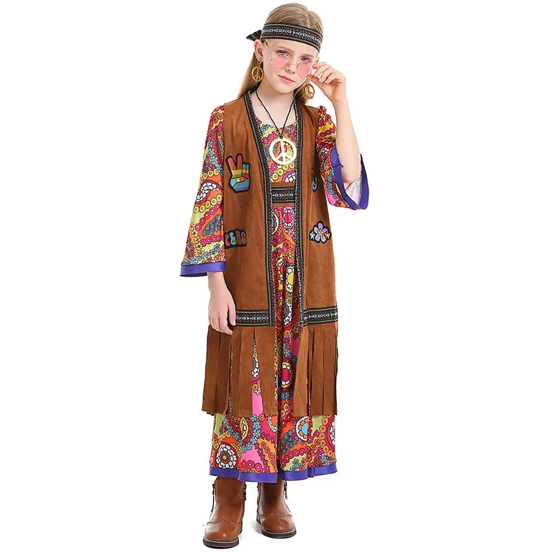 Umorden Retro 60s 70s Hippie Love Costume for Girls Kids Child Disco Dance Dress Halloween Party Carnival Purim Fantasia Cosplay