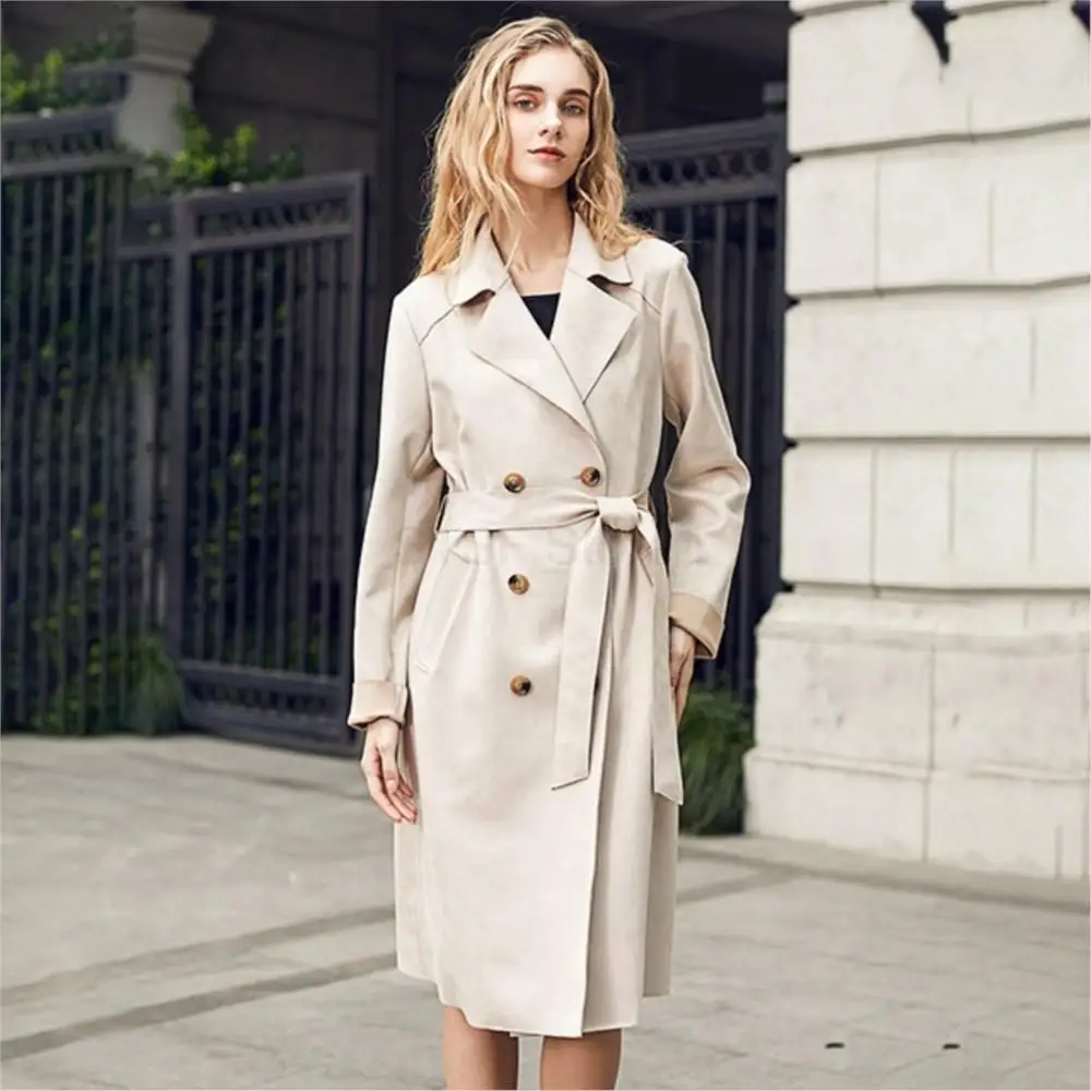 Women Fashion Real Suede Long Coat double-breasted With Belted Pure Color Designer Windbreaker Leisure Lapel Loose Jacket