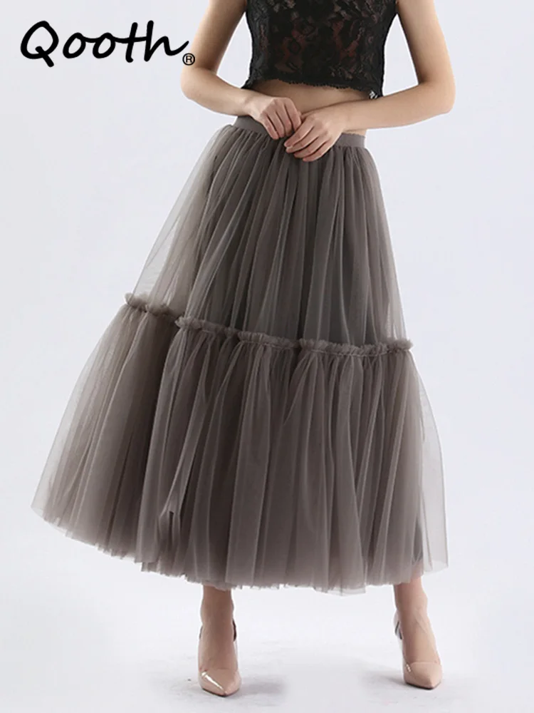 

Qooth Women 90cm Party Tulle Ball Gown Mesh Skirt Banquet Wedding Faldas Mujer Elastic Waist Bow Tie Belt Tutu QT2181