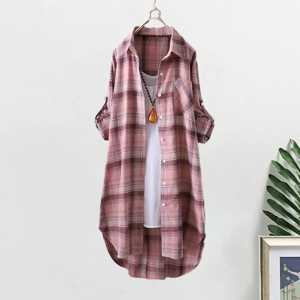 

Women Shirt Plaid Print Mid Length Cardigan Lady Shirt Coat Long Sleeve Irregular Hem Buttons Shirt