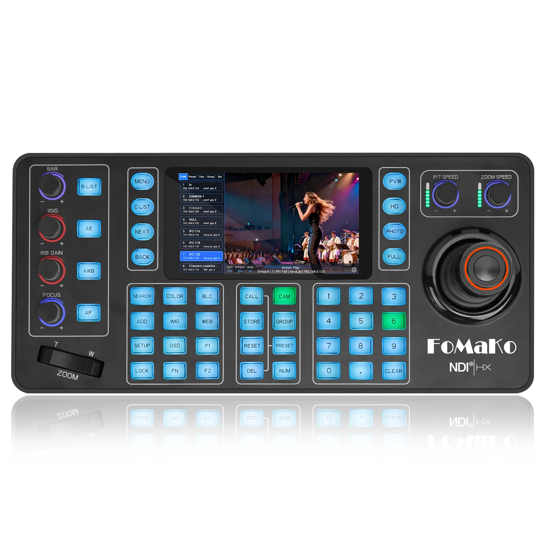 Фото Контроллер PTZ-камеры FoMaKo NDI KC608N с 5,5-дюймовым емкостным сенсорным экраном, предпросмотром 4K, 4D джойстиком Hall, PoE, поддержкой Pelco/NDI HX №2