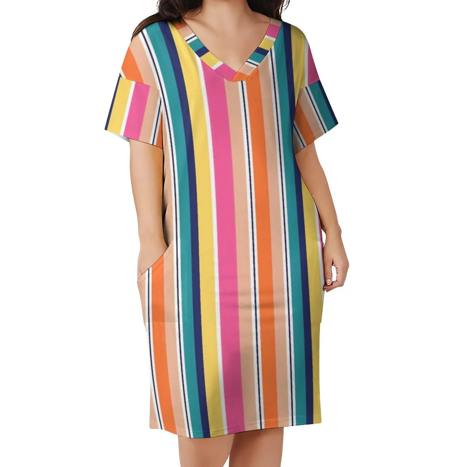 

Женское платье в яркую полоску, с V-образным вырезом и цветными полосками