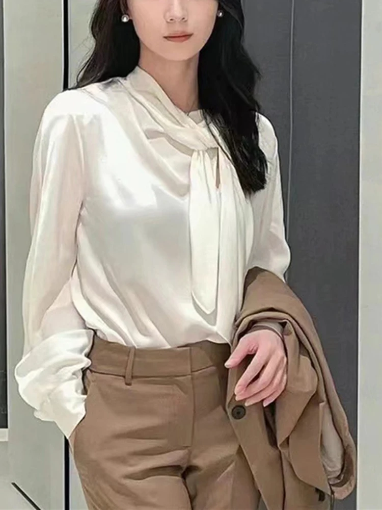 2022 New Women's Solid Color Silk Shirt Ribbon Collar Top Ladies Elegant Long-Sleeved Temperament Blouse Autumn Winter