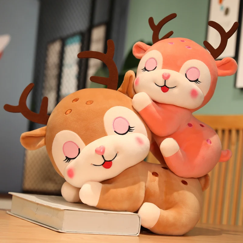 

New Cute Face Soft Sika Deer Plush Toy Stuffed Cartoon Animals Sleeping Elk Deer Lying Pillow Cushion Christmas Gift For Baby