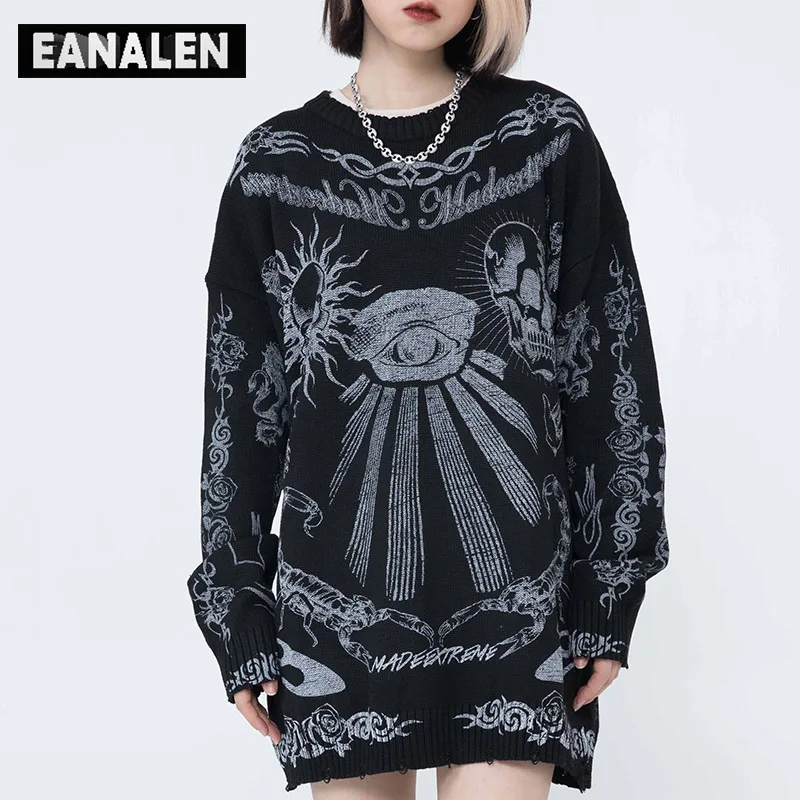 

Harajuku Devil Jumper Sweater Men's Street Skull Graffiti Vintage Pullover Oversized Knit Sweater Grandpa Ugly Sweater Women's