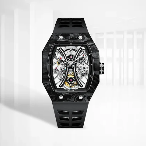 AESOP RICHA Мужские механические наручные часы с квадратным циферблатом из углеродного волокна, летающие часы с турбийоном, светящиеся часы-скелетоны, мужские часы