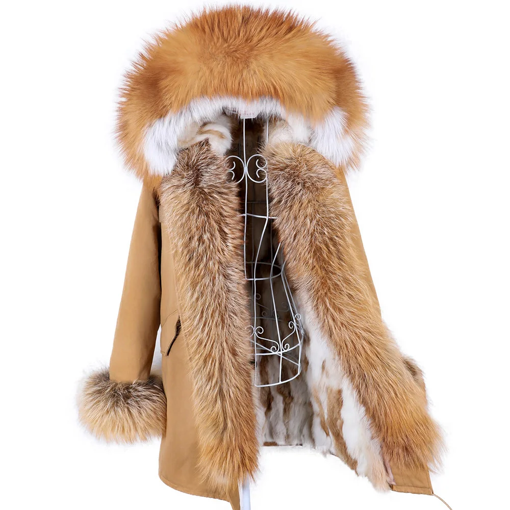 

Luxurious Winter Women Big Raccoon Fur Collar Real Fur Coat Long Rabbit Fur Lining Hooded Parka Warm Coats