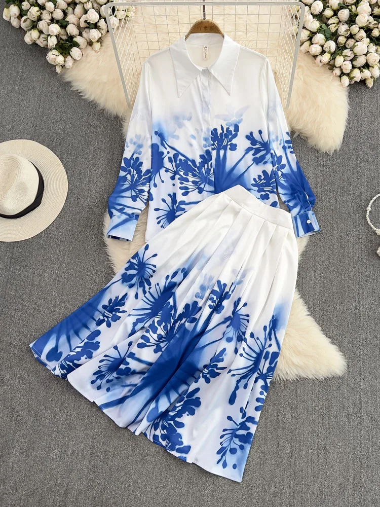 

Spring Fashion Suit Female Temperament Loose Ink Painting Print Shirt High Waist Pleated Skirt Two-piece Set Women D1305