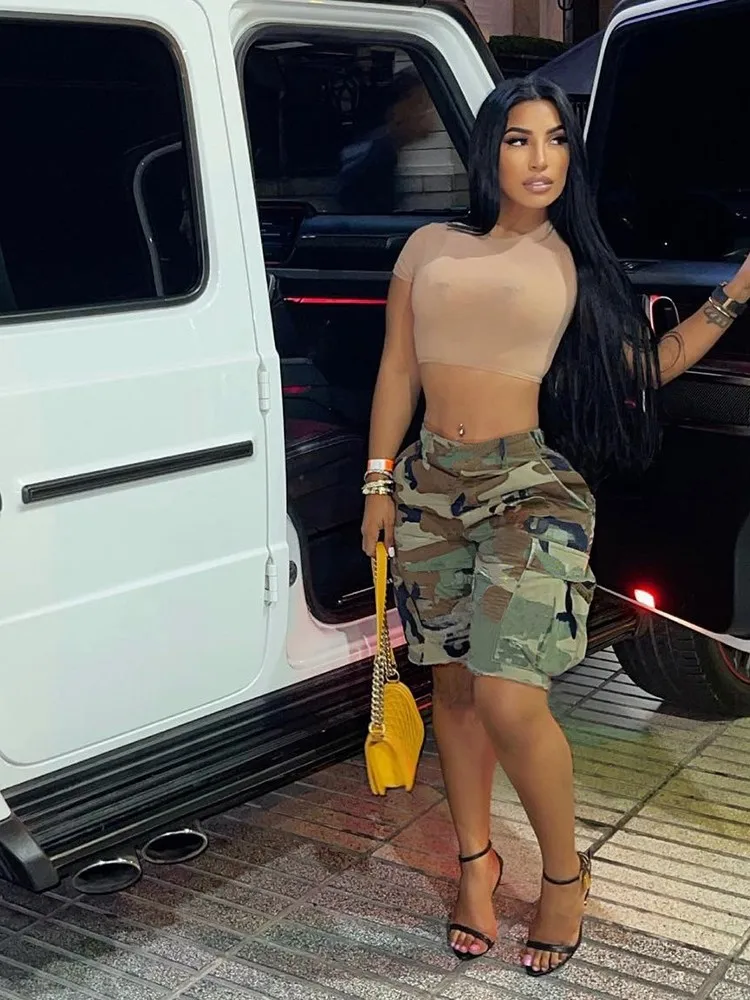 

Camouflage Print High Waist Knee Length Shorts Women Hip Hop Double Side Pockets Short Pant Streetwear Ins Workout Running Short