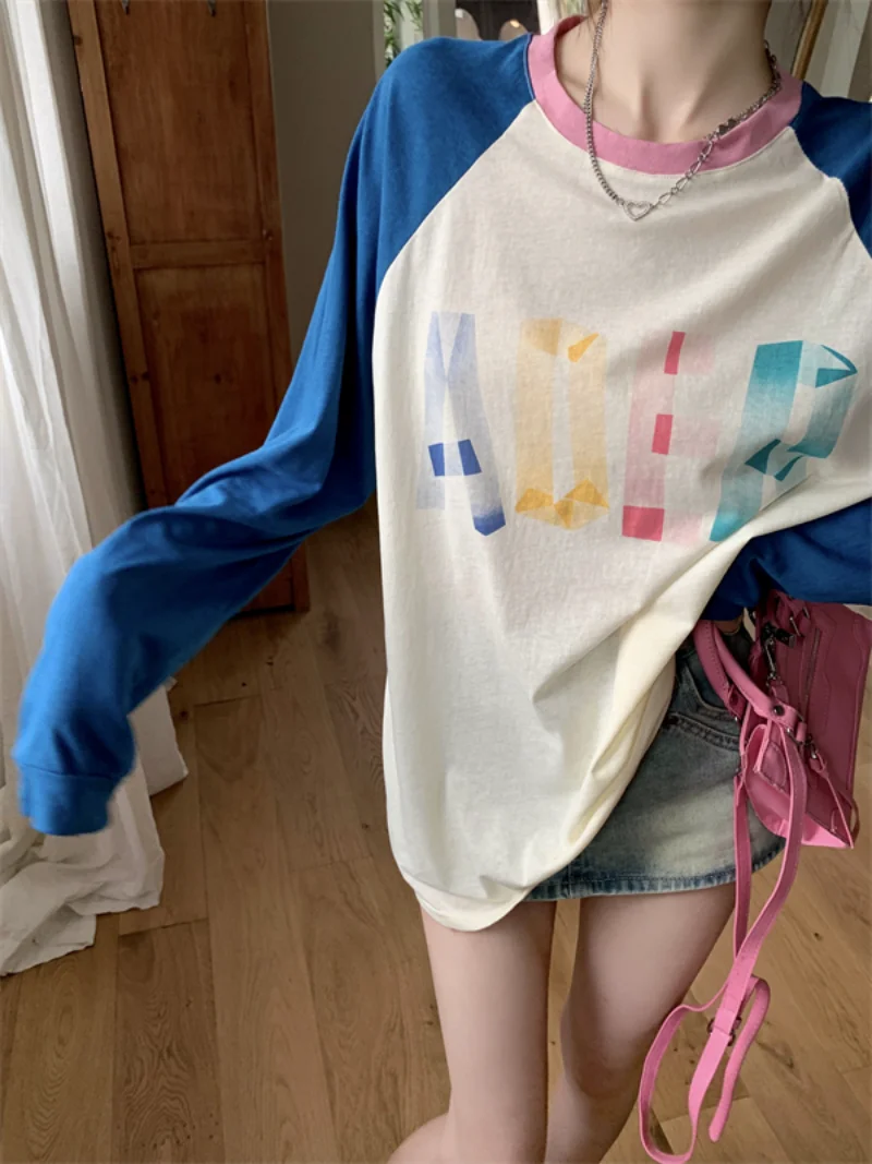 

Женская дизайнерская футболка с контрастным мультяшным принтом, с длинным рукавом, новинка весны, модный шикарный тонкий свободный пуловер для молодых девушек, Топ