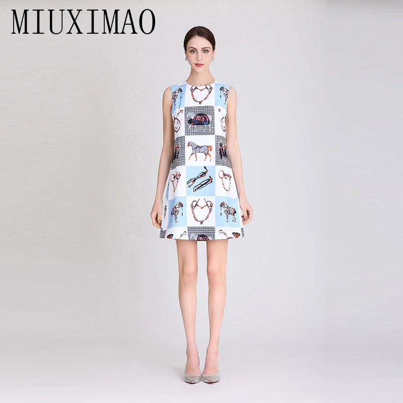 MIUXIMAO 2023 High Quality Spring&Summer Elegant Dress Sleeveless O-Neck Jacquard Print Fashion Mini Dress Women Vestide