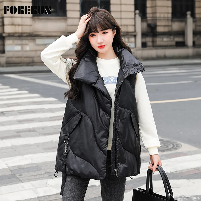 

FORERUN Women's Puffer Vest Solid Stand Collar Cotton Padded Body Warmer Winter Sleeveless Jacket Coat Oversized Gilet