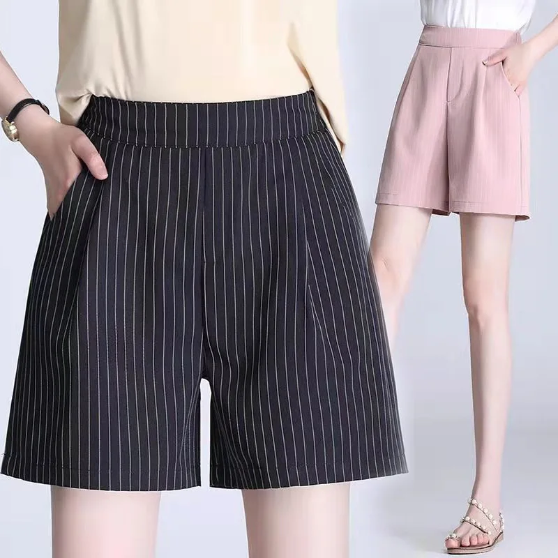 

Women Shorts Summer Casual High Waist A-line Shorts 2023 Loose Wide Leg Shorts Chic Lady Black White Stripe Shorts 4XL X212