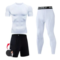 track suit men sportswear white gym t shirt short sleeve summer jogging wear running basketball compression leggings sports set