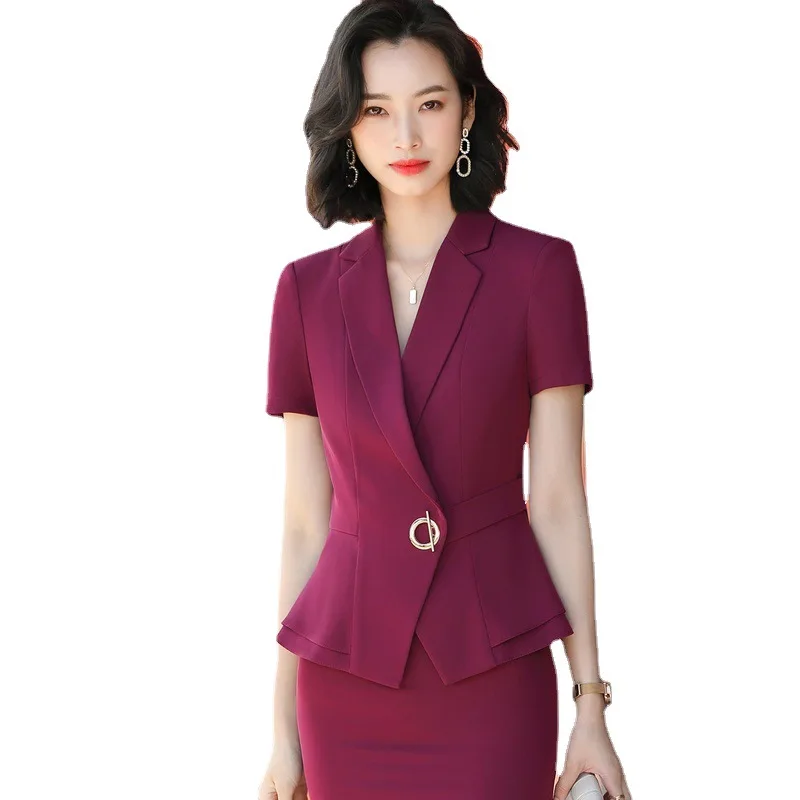 

Spring Summer Office Ladies Suit Jacket Short Sleeves Slim Formal Blazers Skirts Work Clothes