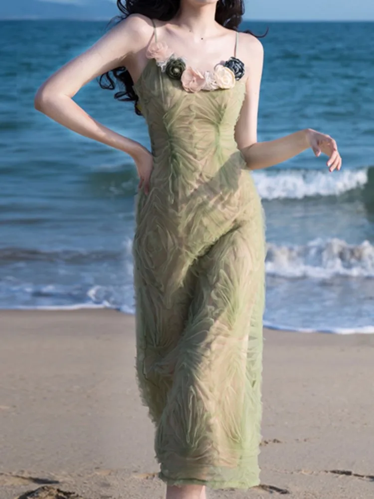 

Fashion Designer Summer Resort Dress Elegant Women 3D Flower Appliques Mesh Green Sexy Spaghetti Strap Long Vestidos