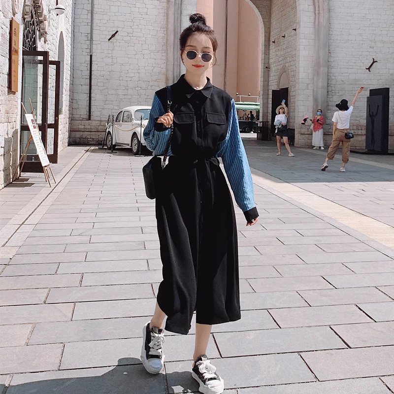 

Fashion Spliced Stripe Long Sleeve Shirt Dress for Women Spring Autumn Female Elegant Loose French Style Bandage Dresses A390