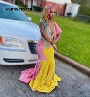 pink and yellow prom dresses for black girls mermaid evening dresses sequin graduations gown contrast color birthday party gowns
