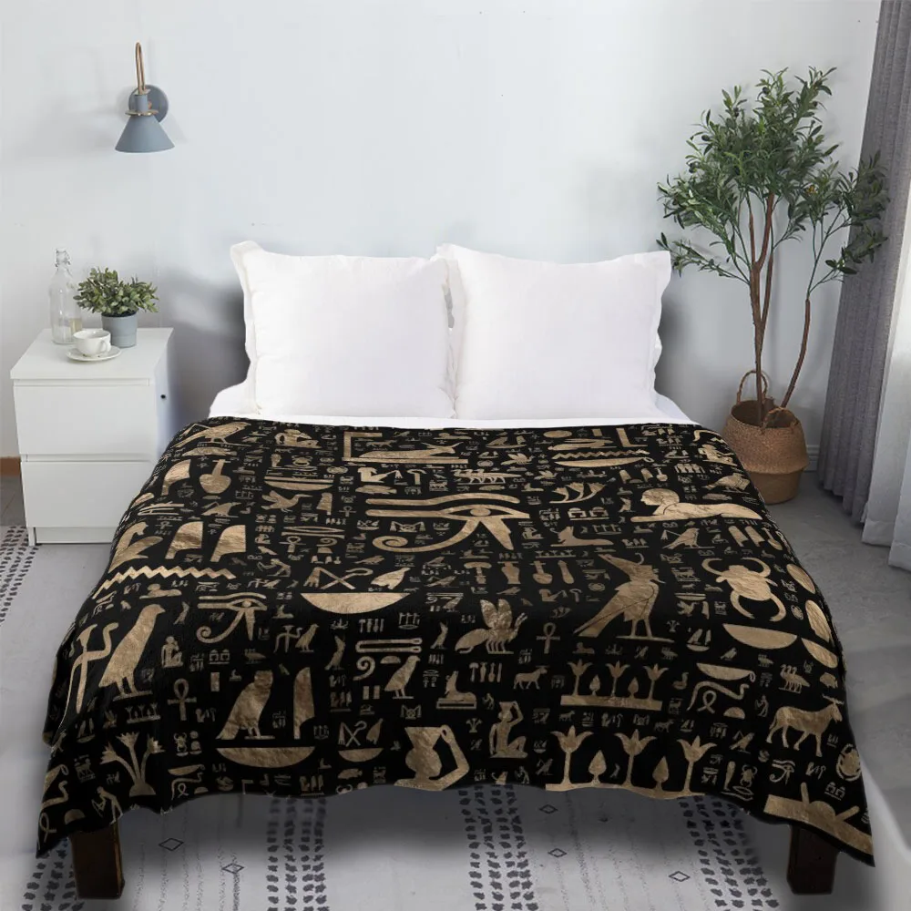 

Ancient Egyptian Hieroglyphs - Black And Gold Large Bunk Beds Sofa Polyester Fluffy Warm Cozy Throw Blanket