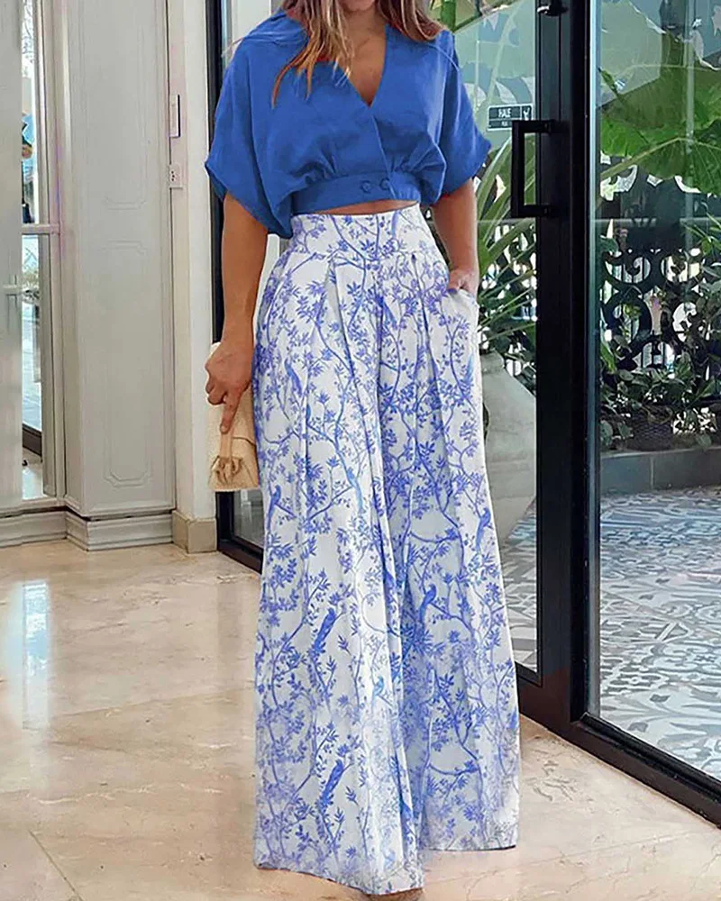 

Batwing Sleeve Top & Plants Print Wide Leg Pants Set Women V Neck T Shirt Tpps Shirts High Waist Loose Pants