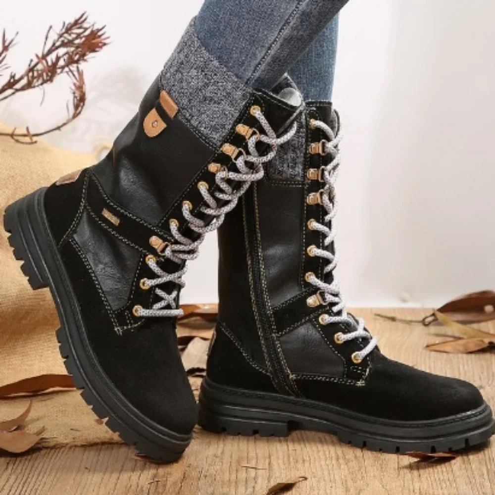 

Зимние Модные женские сапоги на шнуровке до середины икры, Плюшевые короткие сапоги, женская уличная обувь на платформе с круглым носком и молнией, женские сапоги