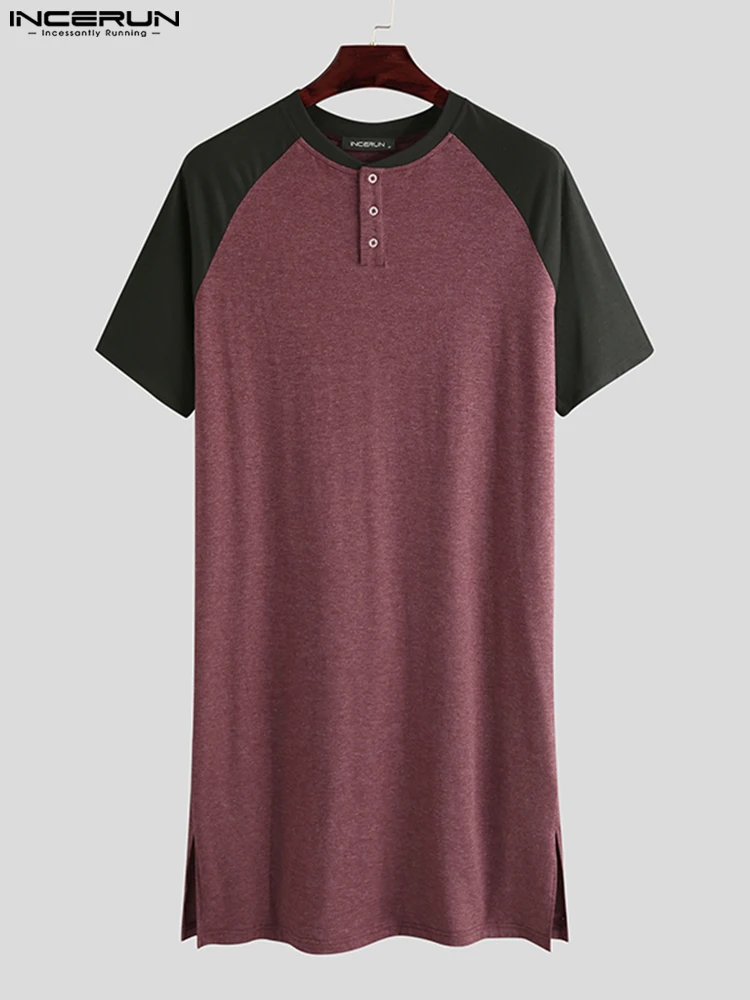Fashion Casual New Men Sleep Tops INCERUN Short Sleeve O-Neck Patchwork Nightgown Loose Comfortable Men Sleepwear Pajamas S-5XL