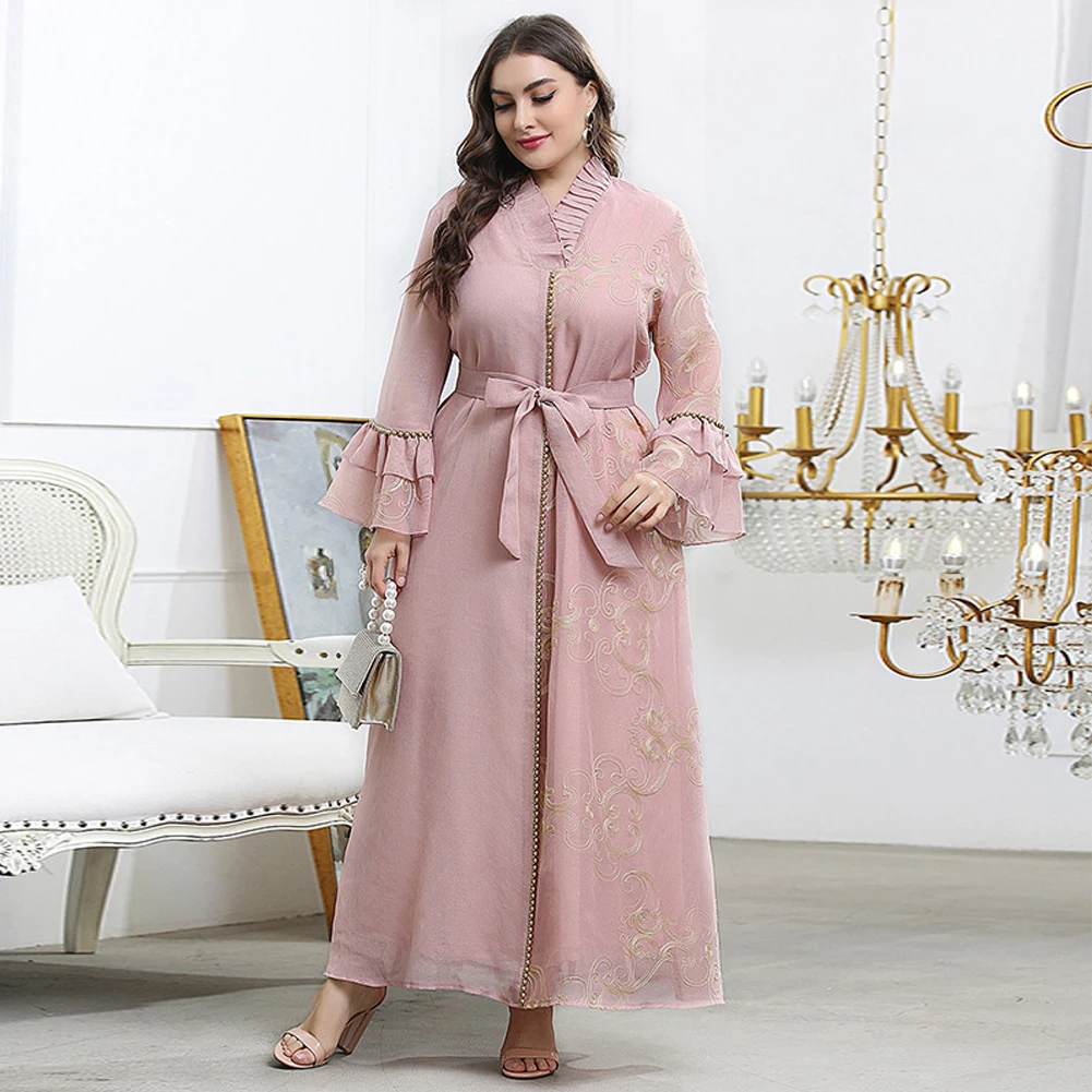 

Plus Size 4XL Maxi Dresses Women Elegant Muslim Outfit Party Evening Autumn Abaya Pink Robe Oversized Loose Clothing With Belt