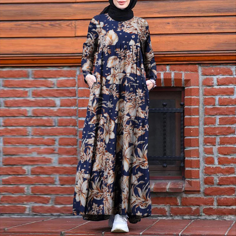 

Retro Dubai Abaya Turkey Hijab Dress Women Vintage Floral Printed Maxi Sundress Summer Long Sleeve Kaftan Muslim Vestido
