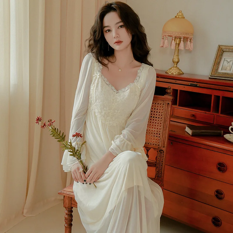 Spring Nightdress Women Mesh Apricot Pajamas Elegant French Style Long Sleepwear Nightwear For Women Sleepshirt Nightgown Pajama