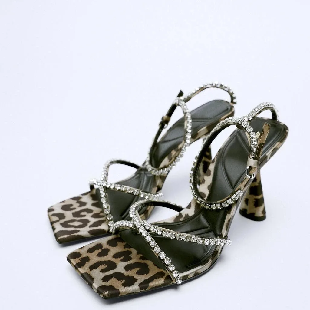

Morematch Leopard Heeled Sandals Women Fashion Rhinestone Ankle Strap Party Pumps Female Elegant Sparkly Slingback Heels Shoes