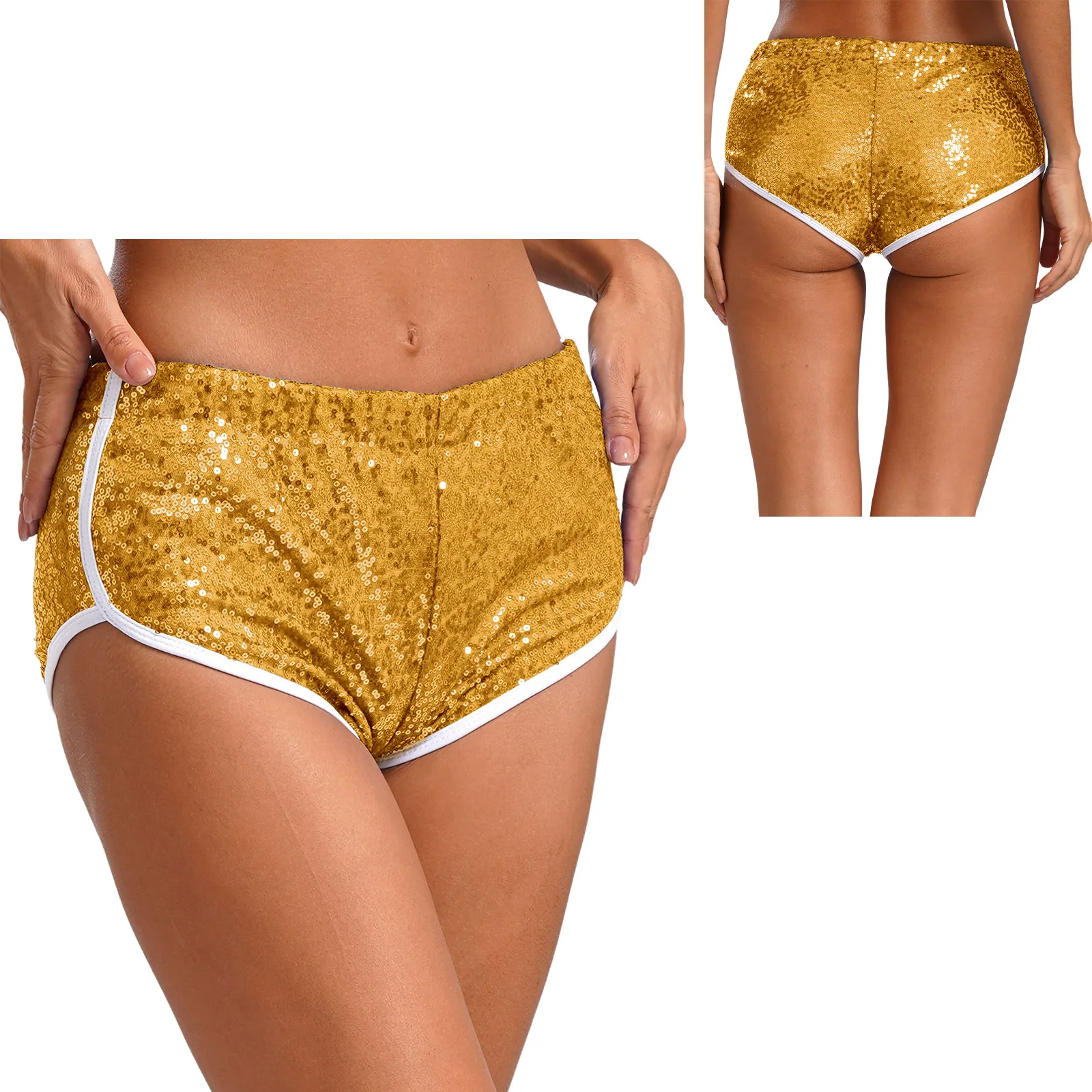 Womens Sparkly Sequin Low Rise Booty Shorts Elastic Waistband Fully Lined Cheeky Hot Pants Fancy Dancing Show Daily Chic.
