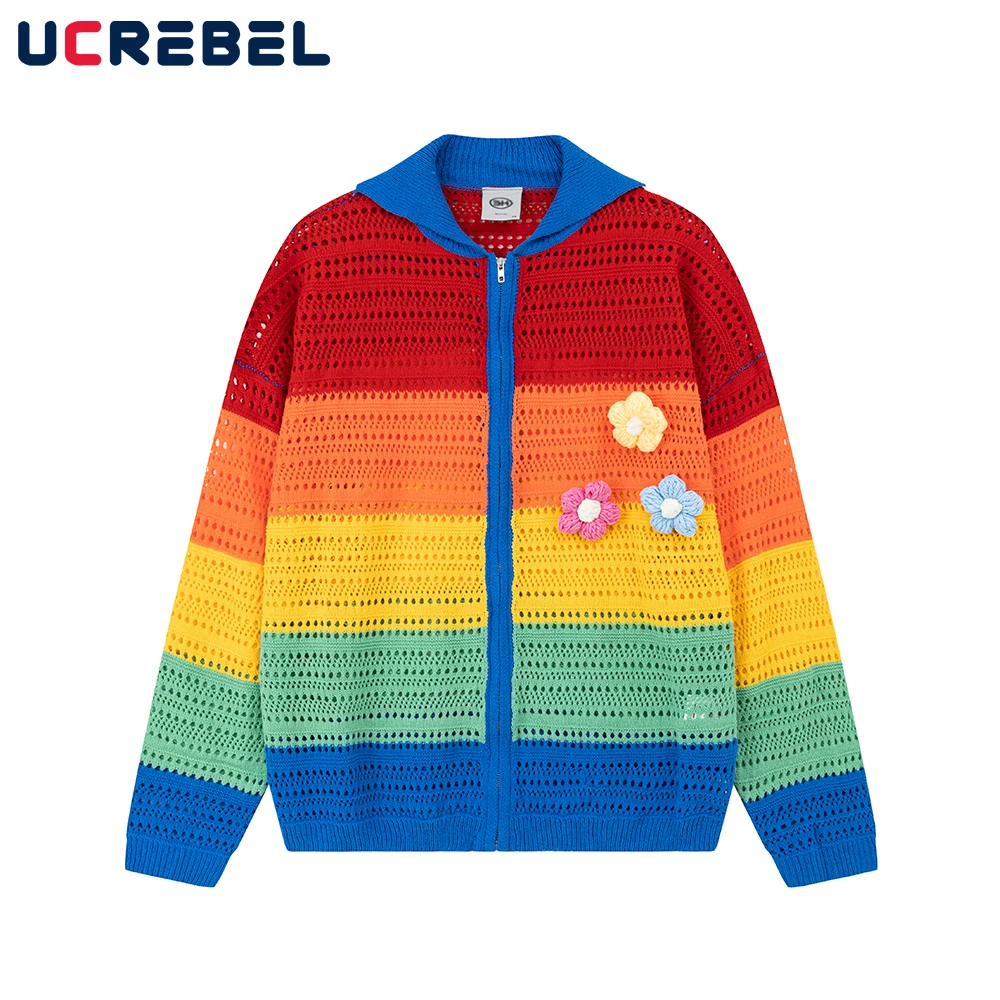 

Ажурный вязаный свитер контрастной расцветки, мужской свободный свитер с длинным рукавом и цветочным украшением, одежда допамина, мужская верхняя одежда