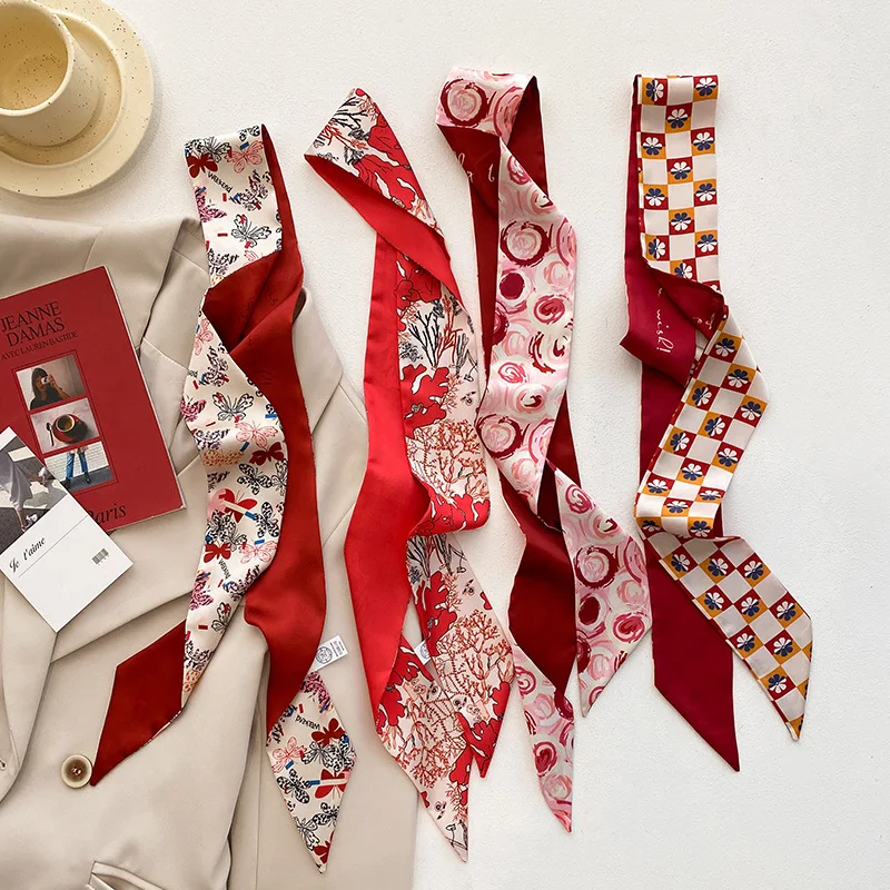 

Испанский шелковый шарф, женские красные узкие длинные шарфы с цветочным принтом, Женская шаль для офиса, банданы, мусульманский хиджаб, наряд, шарфы, рождественский подарок