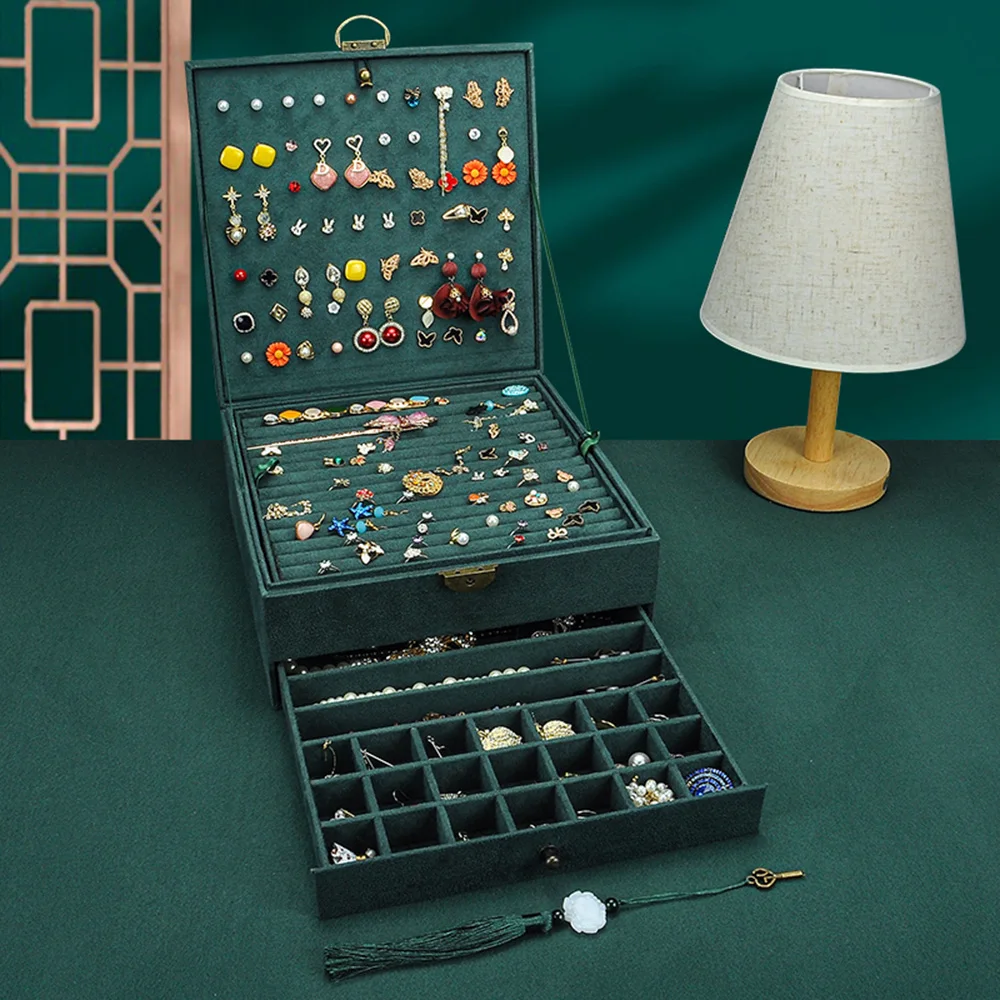 5 Layers Jewelry Box Women Girls Necklace Earings Organizer Ring Case Drawer Metal Lock Tassel Key Green Pink Navy Black AOJCAJA