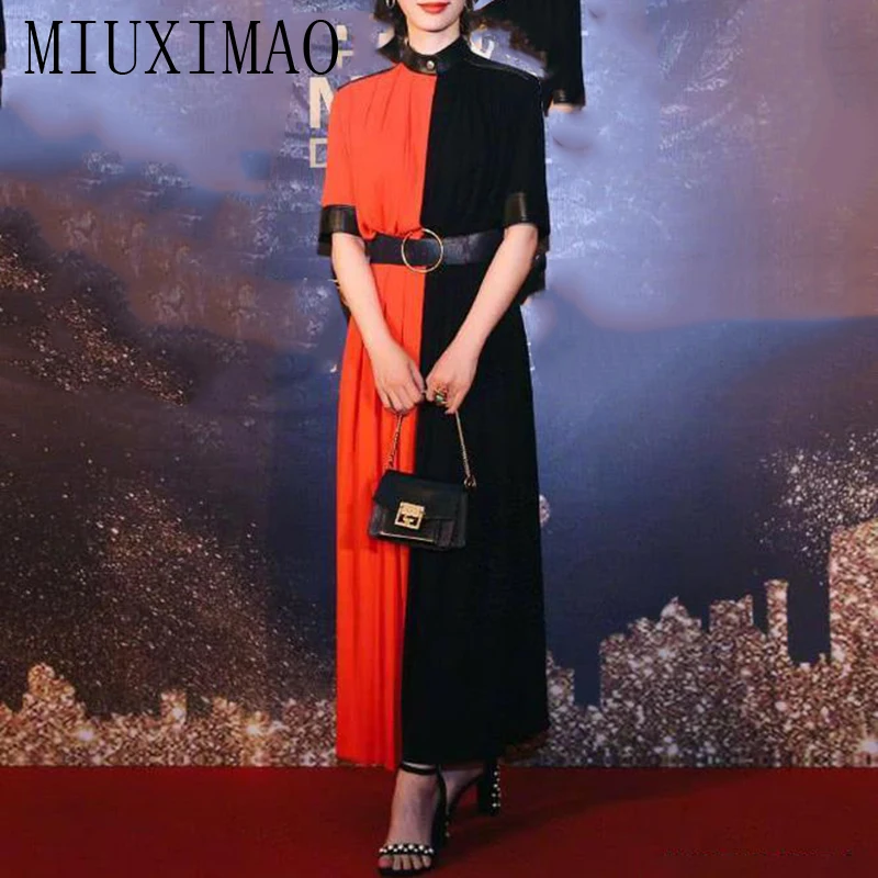 MIUXIMAO 2023 High Quality Spring&Summer Elegant Dress Short Sleeve O-Neck Packwork Belt Fashion Long Dress Women Vestide