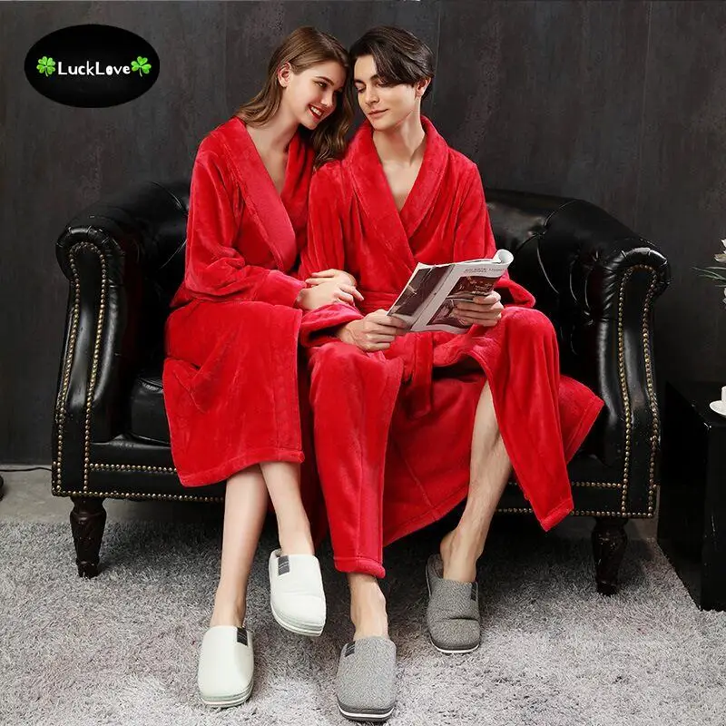 Chinese Traditional Red Flannel Bath Robes Winter Super Long Absorbent Kimono Men Towel Bathrobe Sleepwear Women Dressing Gown