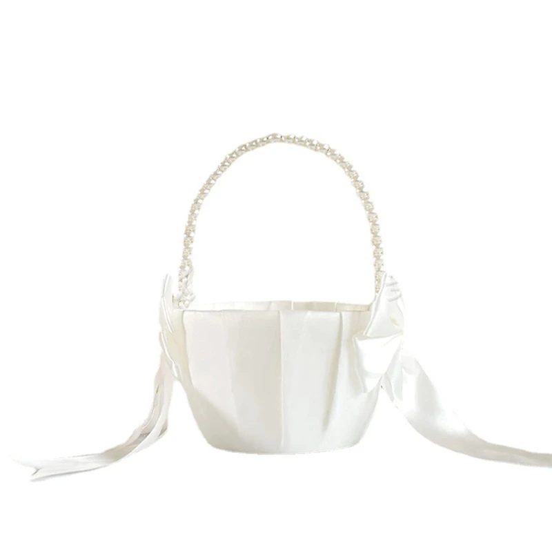 

Wedding Flower Girl Basket With Cute Pearl Handle Bowknot Satin Flower Baskets For Wedding Ceremony Etc