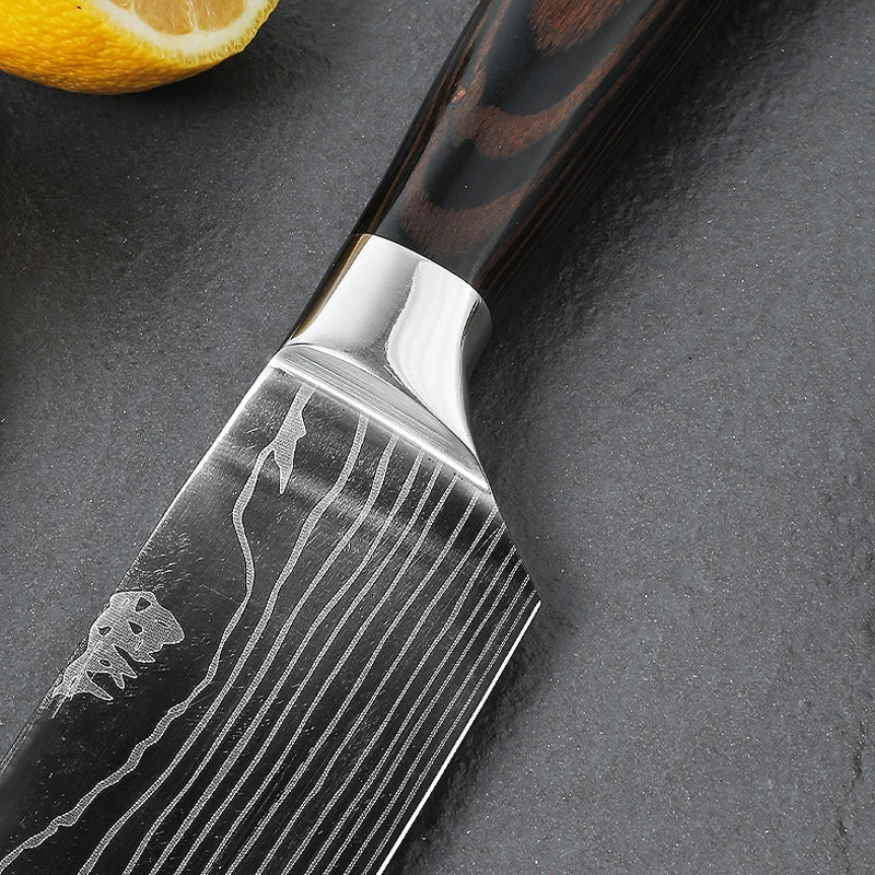 Набор Кухонных Ножей Из 3 Предметов Нержавеющая Сталь 7CR17 440C Лазерный Дамасский