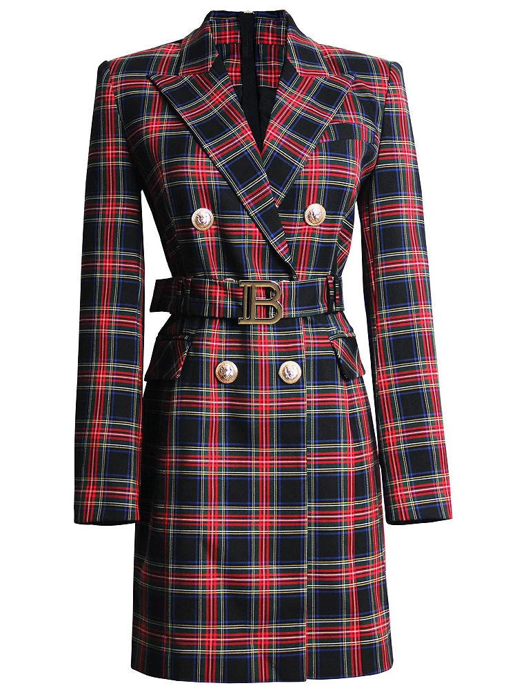 

Женское двубортное платье-блейзер с поясом, дизайнерское клетчатое платье-блейзер с длинным рукавом, английским воротником и пуговицами в виде льва, 2023