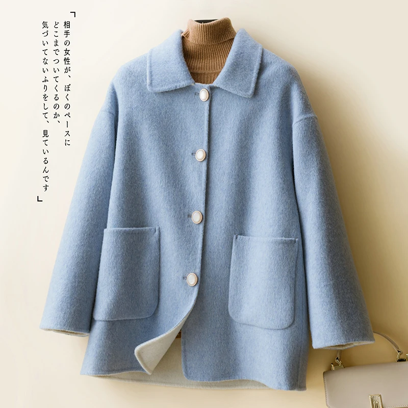 Autumn and winter cashmere short coat women's 100% wool top single-breasted double-sided woolen coat doll collar