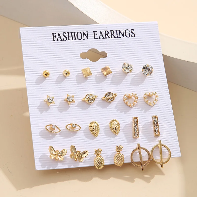 

Rhinestones Stud Earrings Set for Women Pineapple Mini Earring Star Heart Geometric Jewelry Evil Eye Fashion Female Accessories
