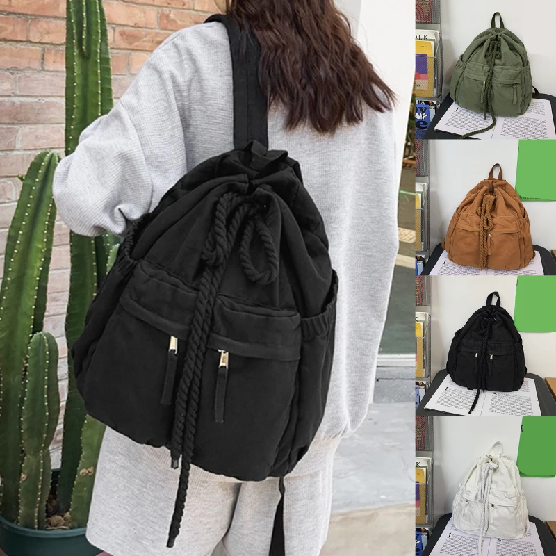 

Ladies Canvas Vintage Girl Leisure Drawstring Book Bag Female Brown Laptop College Backpack Women Travel School Bag Fashion Cool