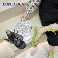 summer thin rope cross lace up gladiator sandals women 2021 casual flat beach shoes ladies black white green rome sandals